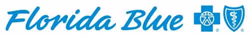 The Florida Blue logo features the words Florida Blue in blue script, followed by the Blue Cross and Blue Shield logos, each in blue with distinctive white icons.